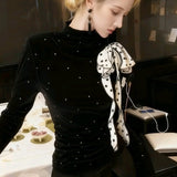 French Wave Point Long-Sleeved T-Shirt Women's Autumn Half-High Collar With Bottom Shirt Tying Temperament