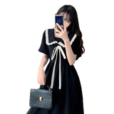 Large-Size Fat Mm Age-Ducated Girls College Style Doll Dress Summer Waist Thin Black Short Sleeve Long Skirt