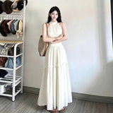 French White Hanging Neck Dress Summer New Waist Temperament Super Fairy Holiday Style Sleeveless Long Skirt