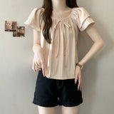 Butterfly Tie With Loose Shoulder Short-Sleeved Shirt For Women's Summer French Mint Green Shirt With Lean Top