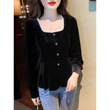 Fat Mm Autumn Blouse French Style Collar Long Sleeve Gold Velvet Shirt Female Lace Splicing Meat Cover Shirt Temperament Elegant