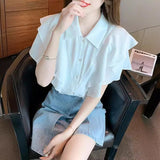 2025 New Ocean Temperament White Short-Sleeved Chiffon Shirt Women Summer Dress Side Tops Fashion Yang Women