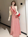 French Red Lattice Hanging Neck Sling Dress Woman 2025 Summer Seaside Holiday Wind To Show Lanky Skirt