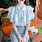 2025 New Ocean Temperament White Short-Sleeved Chiffon Shirt Women Summer Dress Side Tops Fashion Yang Women