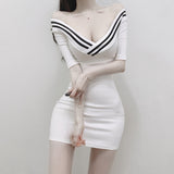 Temperament Tight V-Neck Collar Cuffed Ass Short Skirt Summer New Korean Version Of High-Waisted Body Dress Ins
