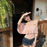 One-Word Shoulder Lotus Side Super Fairy Short-Sleeved T-Shirt Girl Summer Pure Hot Girl Sexy Shawl Shoulder Dress Beautiful