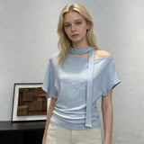 Pure Desire To Tie With Slanted Short-Sleeved T-Shirt Women's Summer Repair Body Hottie To The Waist Korean