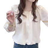 Southeast Asia Belly-Covered Casual Blouse With Lotus Leaf Edge Spring Shirt New Solid Color Design Sense Small Elegant Tie