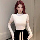 Half-High Collar Hollow Hottie Long-Sleeved T-Shirt Girl Spring And Autumn Pure Simple Shirt Inside The Bottom Shirt