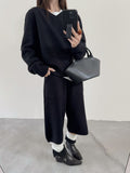 Lazy Fashion Knitted Suit Women's Autumn And Winter New Loose Thin V-Neck Blouse Casual Trousers Set