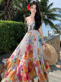 Tea Break French Pure Lust Colorful Broken Flower Sling Strap High-Waisted Holiday Dress Bohemia Seaside Dress