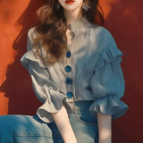 Small Unique Blouse Bubbled Up In The Oceanic Chic Chic Super Nice Striped Lotus Leaf Side Shirt French Lazy Shirt