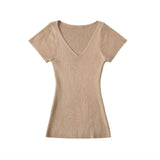Basic V-Neck Knitted Women 2026 Summer New Hot Girls Slim Slimmed Short-Sleeved Bottom Shirt