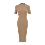 Simple High-End Temperament Half-High-Necked Mid-Sleeve Dress Woman Body Bottom After The Fork Bag Dress