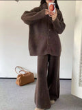 Pregnant Women Collar Knitted Two Sets Of 2025 Autumn And Winter 2025 New Thick Loose Lazy Sweater Open Shirt Wide Leg Trousers Set