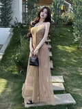 Pure Wind Hanging Neck Strap With Bra Dress Women's Holiday Atmosphere Green Mesh Dress Waist Temperament Long Dress
