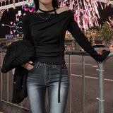 South Korea's New Autumn French Retro Design Pure Lusty Shoulder Temperament Thin With Long-Sleeved T-Shirt Girl
