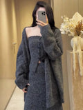 Autumn And Winter New Lazy Wind Loose Long Open Qiu Sweater With Medium Long Skirt Three-Piece Set Of Women