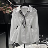 Silk Scarf With Long-Sleeved Shirt Women's Autumn New High-End Design Temperament To Reflect The Waist Thin Shirt Spring And Autumn Shirt Tide