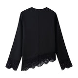 Spring New Lace Spliced Ribbon With Asymmetric Long-Sleeved Top