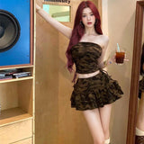 Vintage Camouflage Sleeveless Vest Women's Half-Dress Two-Set Hottie Short Summer Tset