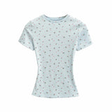 Kardashian Floral Round Neck Tight Short-Sleeved T-Shirt 2026 Summer New Slimming Waist Straight Shoulder Coat