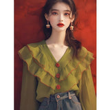 French Green Lotus Leaf-Side Shirt Women's Autumn 2025 New Niche Long-Sleeved Shirt V-Neck Top Temperament Elegant