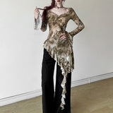 Net Yarn Dyed Lotus Leaf Side Collar Long-Sleeved T-Shirt Girl Blouse Spring Autumn Hot Girl Body Irregular