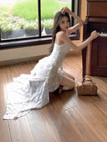 French Lace V-Necked Dress Women's Summer Vacation Irregular Dress White Beauty Mid-Rise Dress