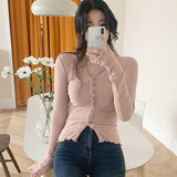 Korean V-Neck Button Knitted Cardigan Long Sleeves Pink Wood Ear Casual Temperament Coat Autumn Coat Dress Girl Body