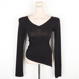 Temperament Comfortable Body Slim Slim Top Spring Dress New V-Neck Korean Side Open Fork Long-Sleeved T-Shirt Girl