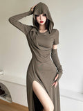Vintage Wasteland Design Hooded Dress Tedsiness Folds Show Thin High Open Fork Babes Long Dress