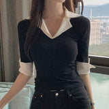 Spring And Summer New Temperament V-Neck Open Forked Seven-Sleeve Shirt Blouse Han T-Shirt To Show Body Bottom T-Shirt Girl