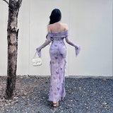 2025 New Chinese-Style Shoulder Mesh Long-Sleeved Dress Women Autumn Sexy Body-Body-Bum Bag Fishtail Dress