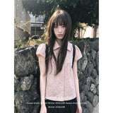 College Wind Pink Wave Spot Short-Sleeved Shirt Women Summer Wearing Korean Shirt Slim Sweet Collar Top