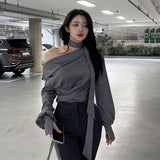 Spring And Summer Temperament Design Sense Irregular Hanging Neck-Lup Han Fraline Ribbon With Long-Sleeved Shirt T-Shirt Girlins