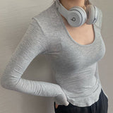 U Collar Open Fork Round Curd Under The Hem T-Shirt T-Shirt Throng Show Stature Big And Small Sexy Hot Babes Blouse Girl Autumn