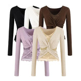 Purely Sexual Low-Breast V-Neck Holiday Two Long-Sleeved T-Shirt Women's Autumn And Winter New Tying Lace Inside The Bottom Shirt