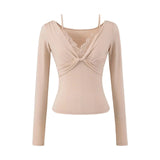 Pure Hot Girl Autumn New Fake Two Spliced T-Shirt Lace Long Sleeves Slim Thin T-Shirt Top Girl
