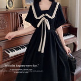 Large-Size Fat Mm Age-Ducated Girls College Style Doll Dress Summer Waist Thin Black Short Sleeve Long Skirt