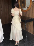 French Temperament Design Sense Irregular Square Collar Bubble Sleeve Dress Women Summer Large Size Fat MM Folding Long Dress