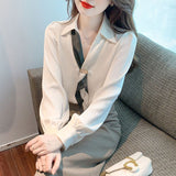 High Sense Of The New Chiffon Shirt Fashion Professional Collared Collared Women V Collar Long-Sleeved Shirt Spring
