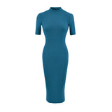 Simple High-End Temperament Half-High-Necked Mid-Sleeve Dress Woman Body Bottom After The Fork Bag Dress