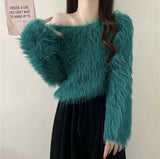 Autumn And Winter New Lazy Wind High-End Temperament Candy V Collar Short Imitation Stings Hair Knitted Shirt