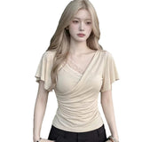 Pure Lust Lace Splicing Short-Sleeved T-Shirt For Girls Summer New Small Flying Sleeves To Repair The Body Of The Hot Girl