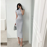 High-Necked Sleeveless Dress Comfortable Tight Skinny Temperament South Korea Big Sister Pure Want To Pack Hip Long Dress Summer Autumn Sexy