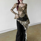 Net Yarn Dyed Lotus Leaf Side Collar Long-Sleeved T-Shirt Girl Blouse Spring Autumn Hot Girl Body Irregular