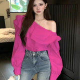Lotus Leaf Side-Shoulder Shirt Women's Clothing 2025 Spring And Autumn New Long-Sleeved French Temperament Short Top Elegant