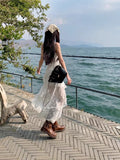 French Lace V-Necked Dress Women's Summer Vacation Irregular Dress White Beauty Mid-Rise Dress