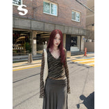 Net Yarn Ear Zebra Stripe V Collar Long-Sleeved T-Shirt For Women's Autumn Bottoming Shirts